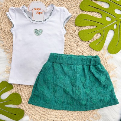 Conj. Blusa Coração com Strass e Short Saia Anarruga - Branco e Verde